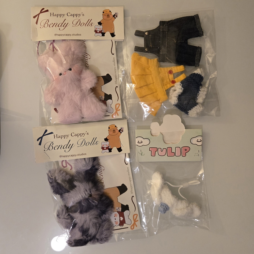 Bendy Dolls Accessories Bundle, Happy Capy, Pink Purple Rabbits, Clothing Outfit